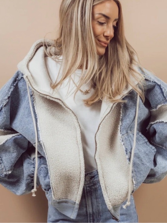 BiBi Jackets & Blazers - Aynsley Hooded Oversized Jean Jacket with Light Blue Denim Panels Small